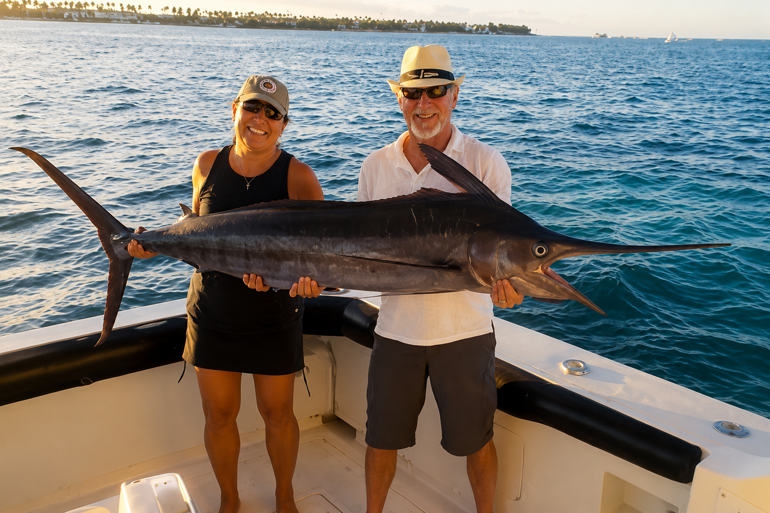 Couple holding a trophy Blue Marlin during a deep sea fishing charter in Punta Cana Dominican Republic