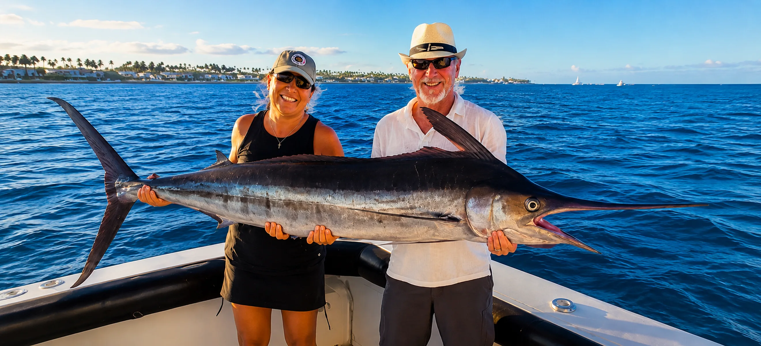 Couple proudly holding a trophy blue marlin aboard a deep sea fishing charter boat in Punta Cana, Dominican Republic during a Caribbean sport fishing adventure. 