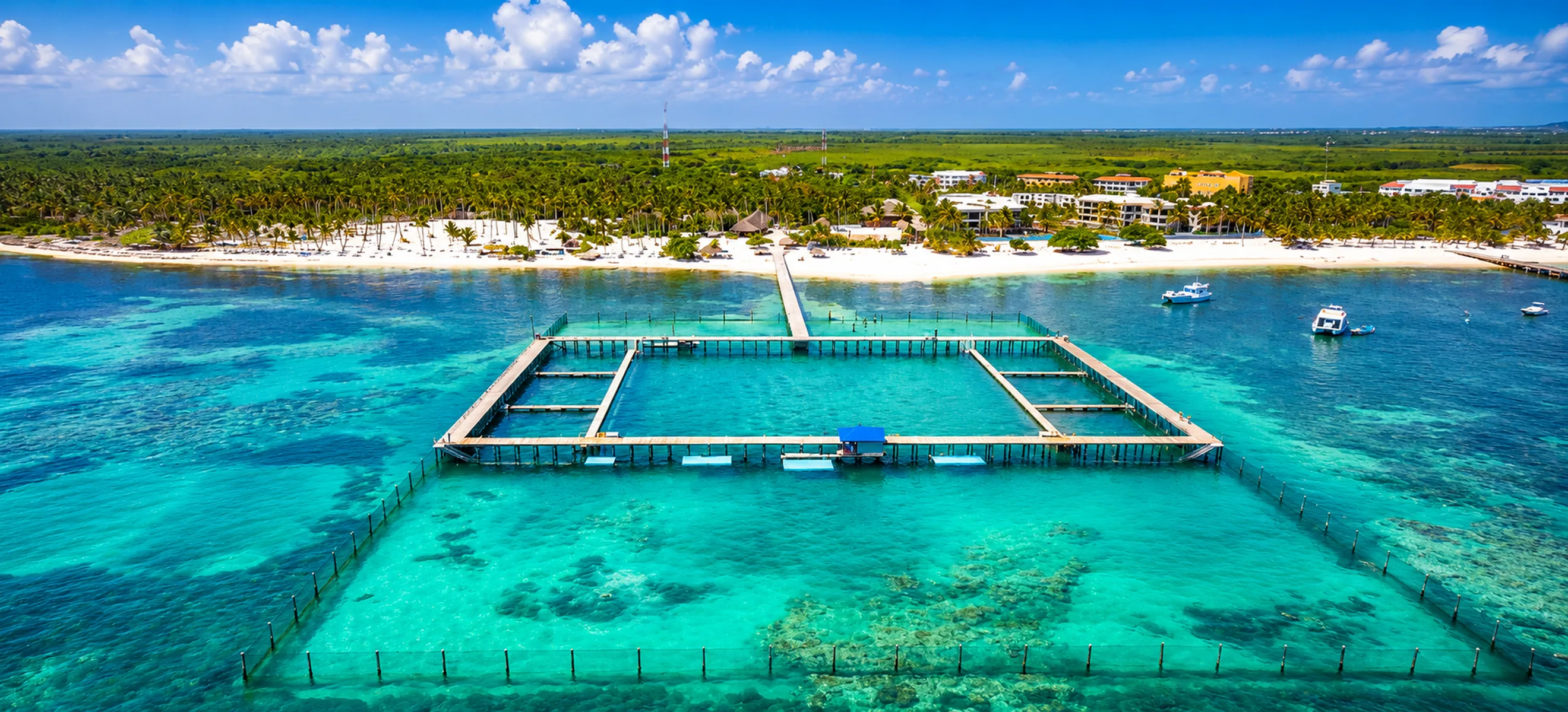 Aerial view of Dolphin Explorer marine park in Punta Cana featuring crystal-clear Caribbean waters, dolphin lagoons, white-sand beach, and tropical resort surroundings.