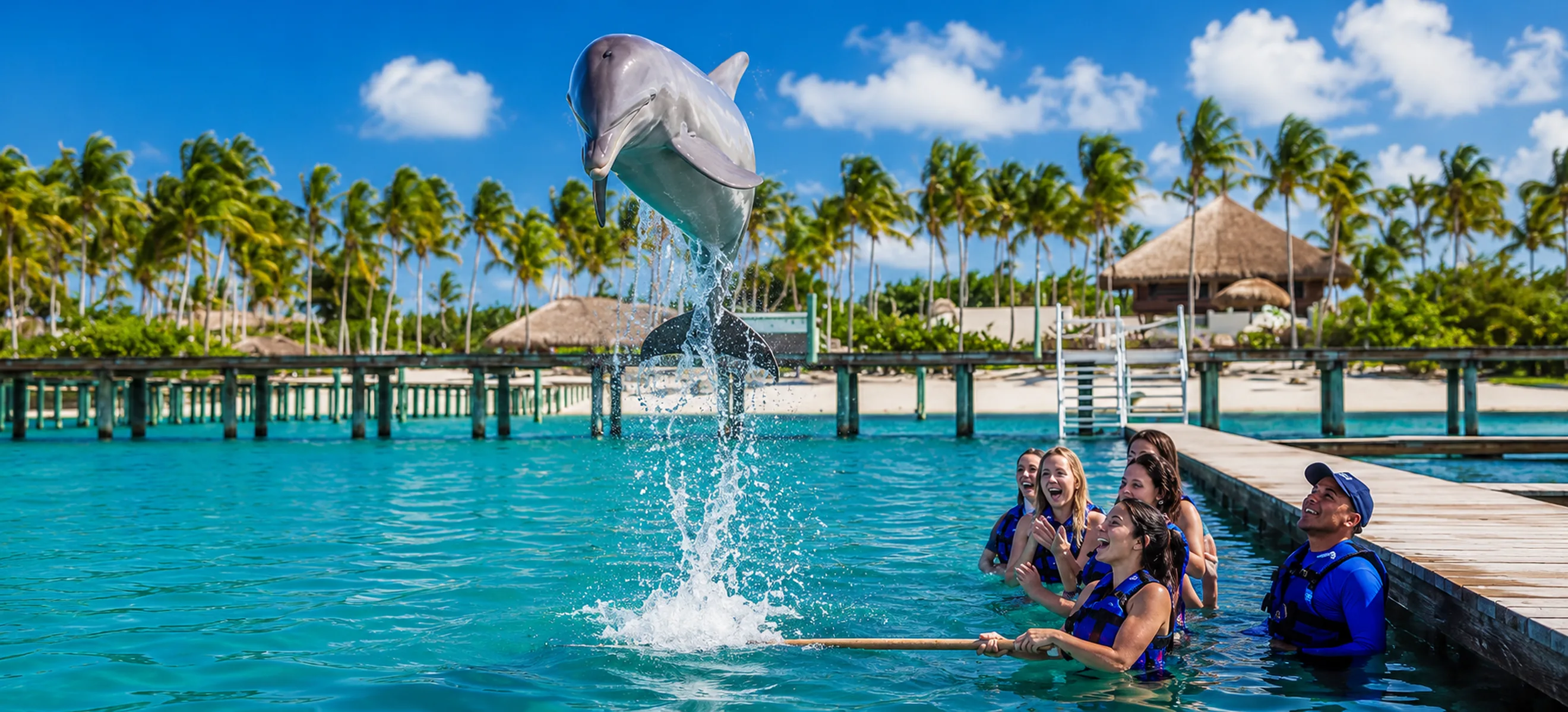 Bottlenose dolphin performing a spectacular jump during the Dolphin Funtastic experience in Punta Cana, Dominican Republic.