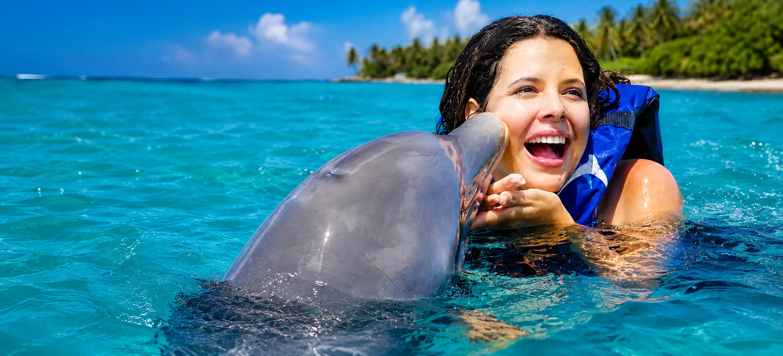 Guest enjoying the Dolphin Funtastic experience with a bottlenose dolphin in Punta Cana, Dominican Republic.