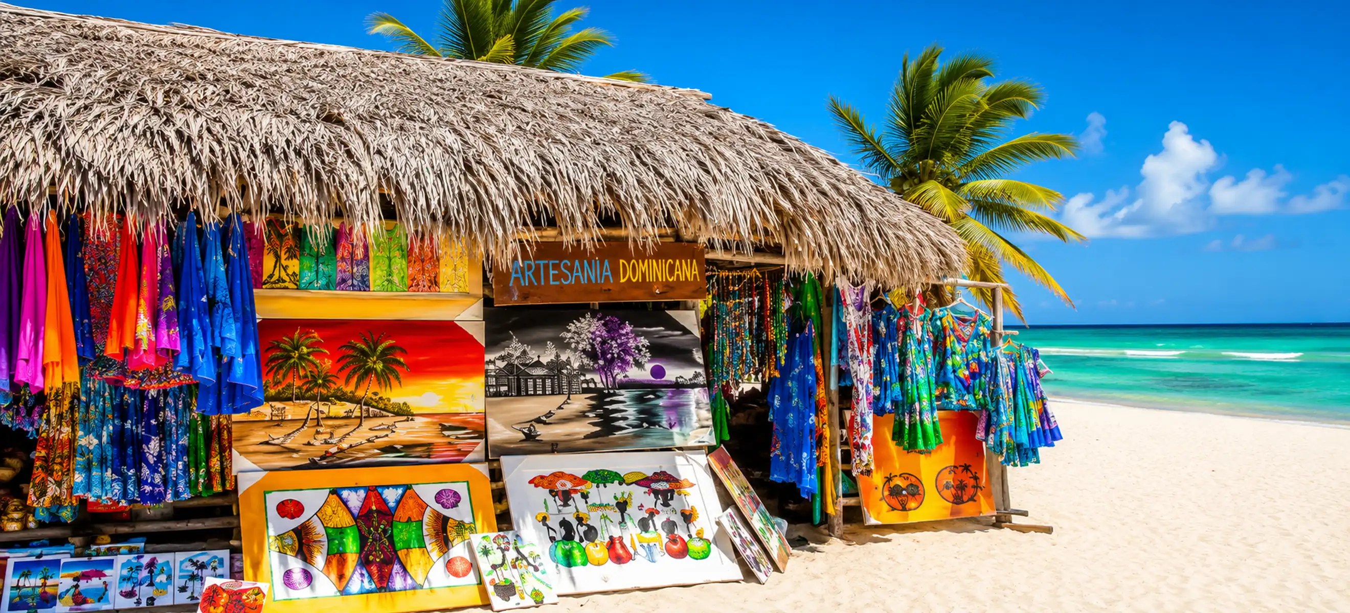 Traditional Dominican artisan beach shop in Punta Cana displaying colorful handmade paintings, tropical clothing, souvenirs, and local crafts beside a white sand Caribbean beach
