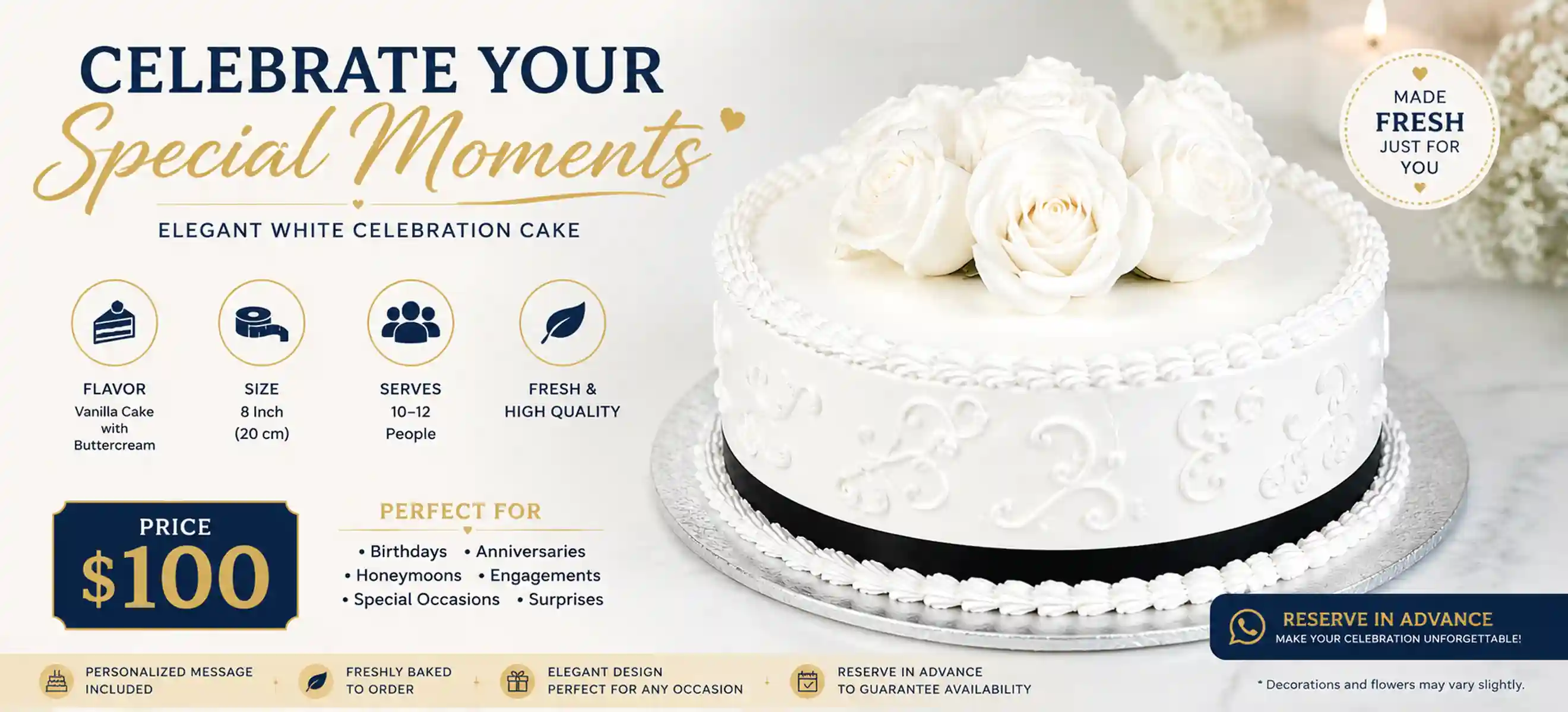 Elegant white celebration cake with white roses, personalized message option, and fresh custom cake service in Punta Cana by Punta Cana Best Excursions.