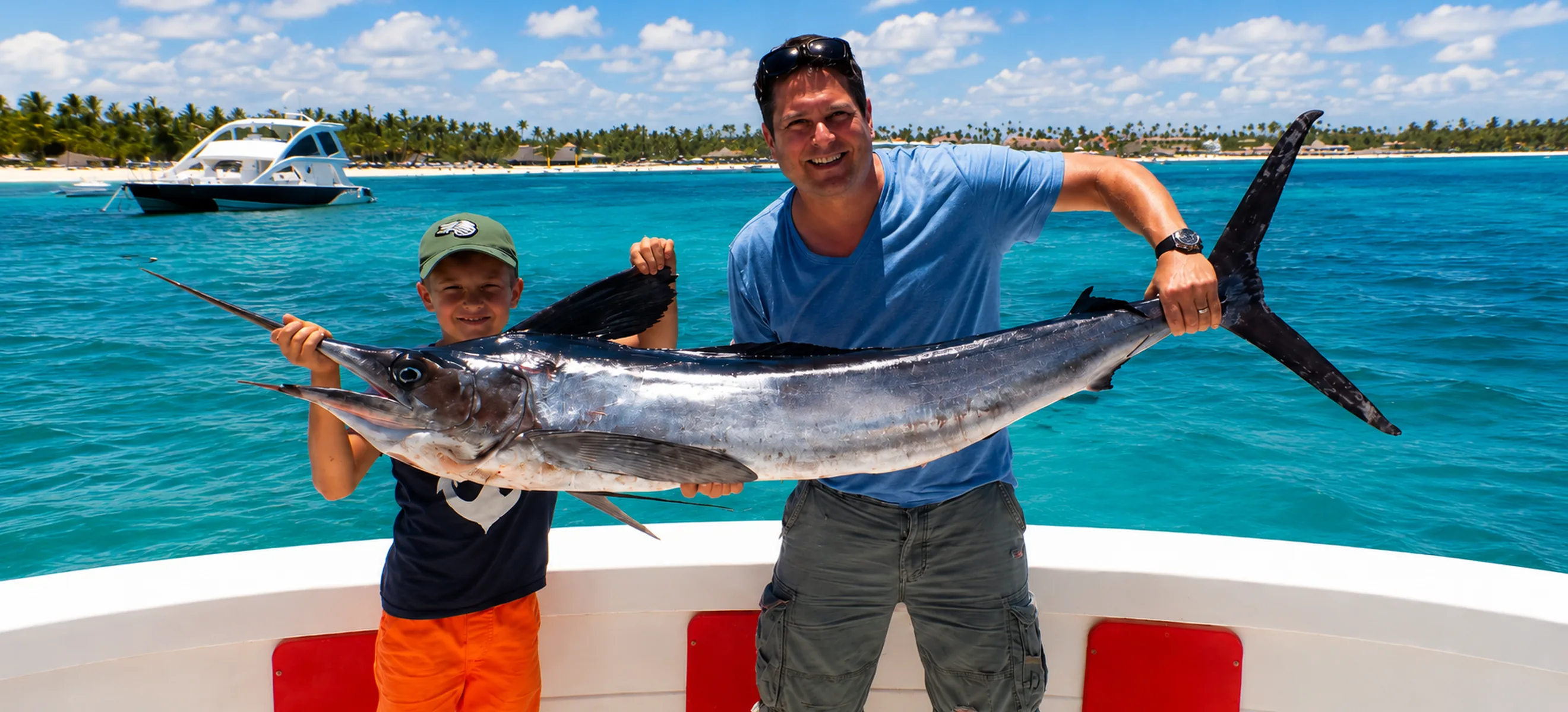 Father and son proudly holding a freshly caught wahoo during a family-friendly deep sea fishing charter in Punta Cana, Dominican Republic.