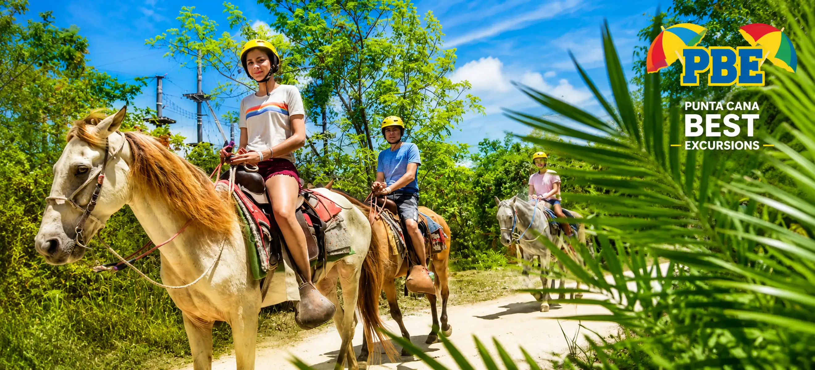 Guests enjoying a guided horseback riding adventure through tropical countryside with Punta Cana Best Excursions. 