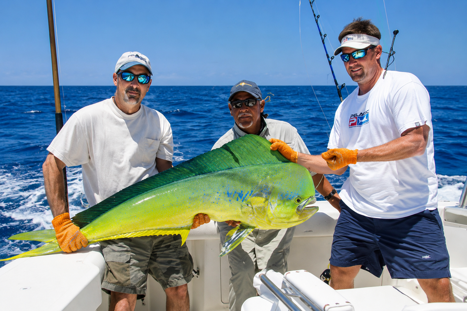 Anglers holding a large Mahi Mahi during a deep sea fishing charter in Punta Cana Dominican Republic