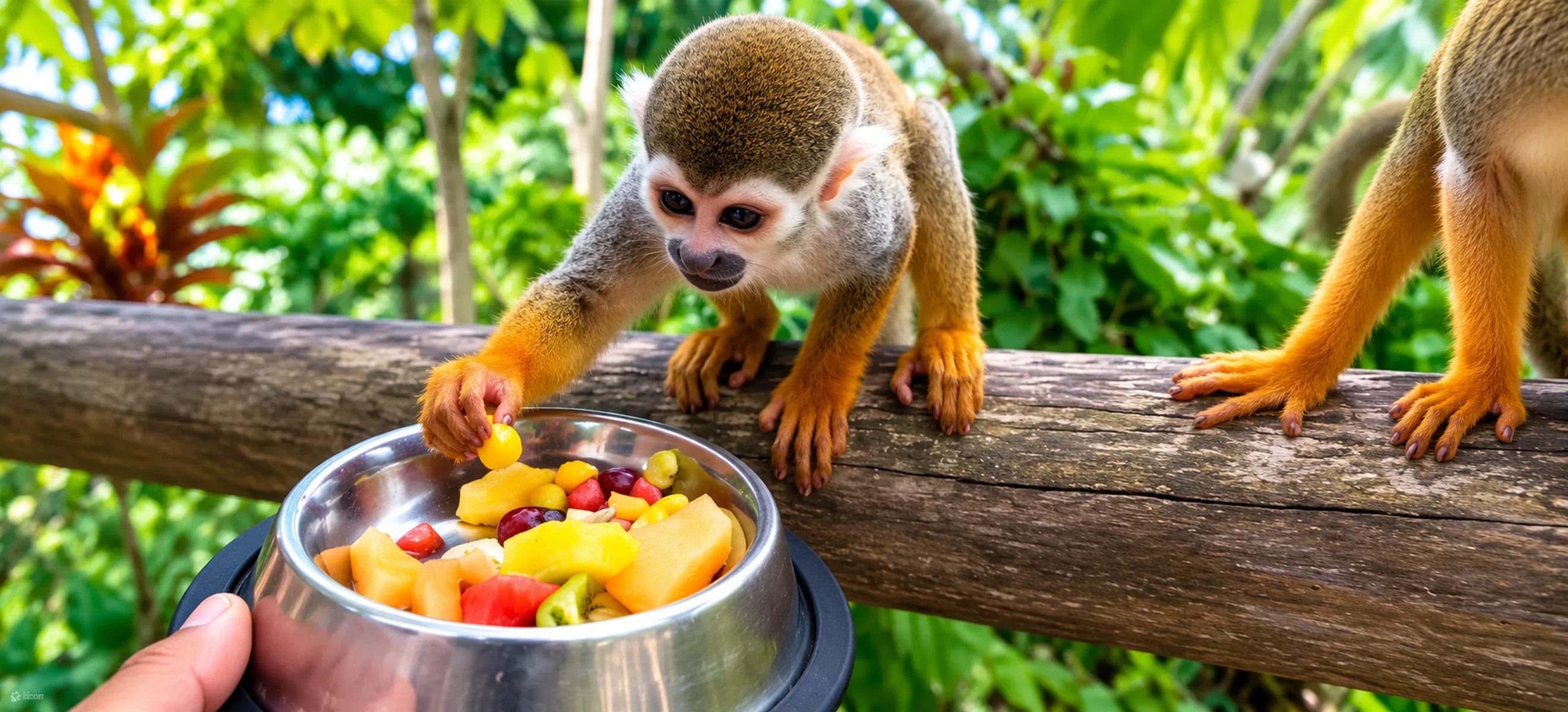 Friendly squirrel monkey reaching for fresh tropical fruit during the Monkeyland Punta Cana wildlife experience, a popular family-friendly eco tour in the Dominican Republic.