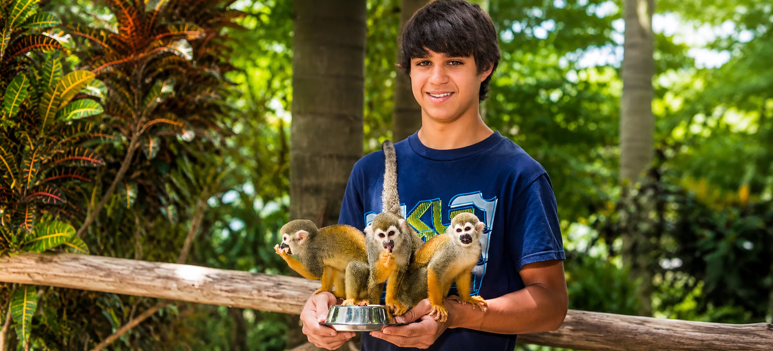 Guest holding three friendly squirrel monkeys during the Monkeyland Punta Cana excursion, a family-friendly wildlife experience with close animal encounters in the Dominican Republic.