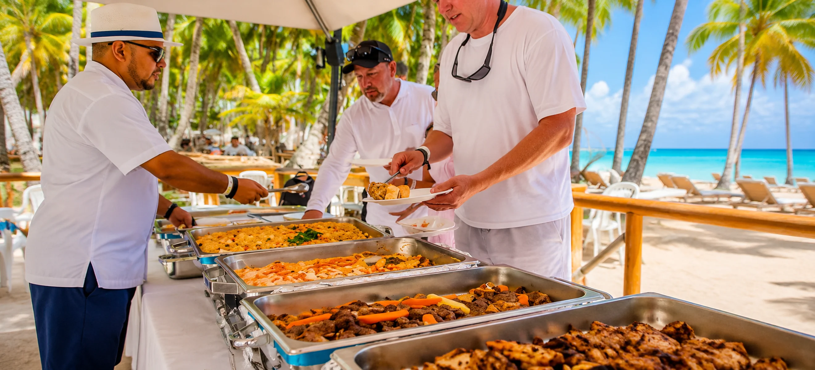Guests enjoying a gourmet beachfront buffet lunch under palm trees during a luxury private yacht charter excursion in Punta Cana, Dominican Republic.