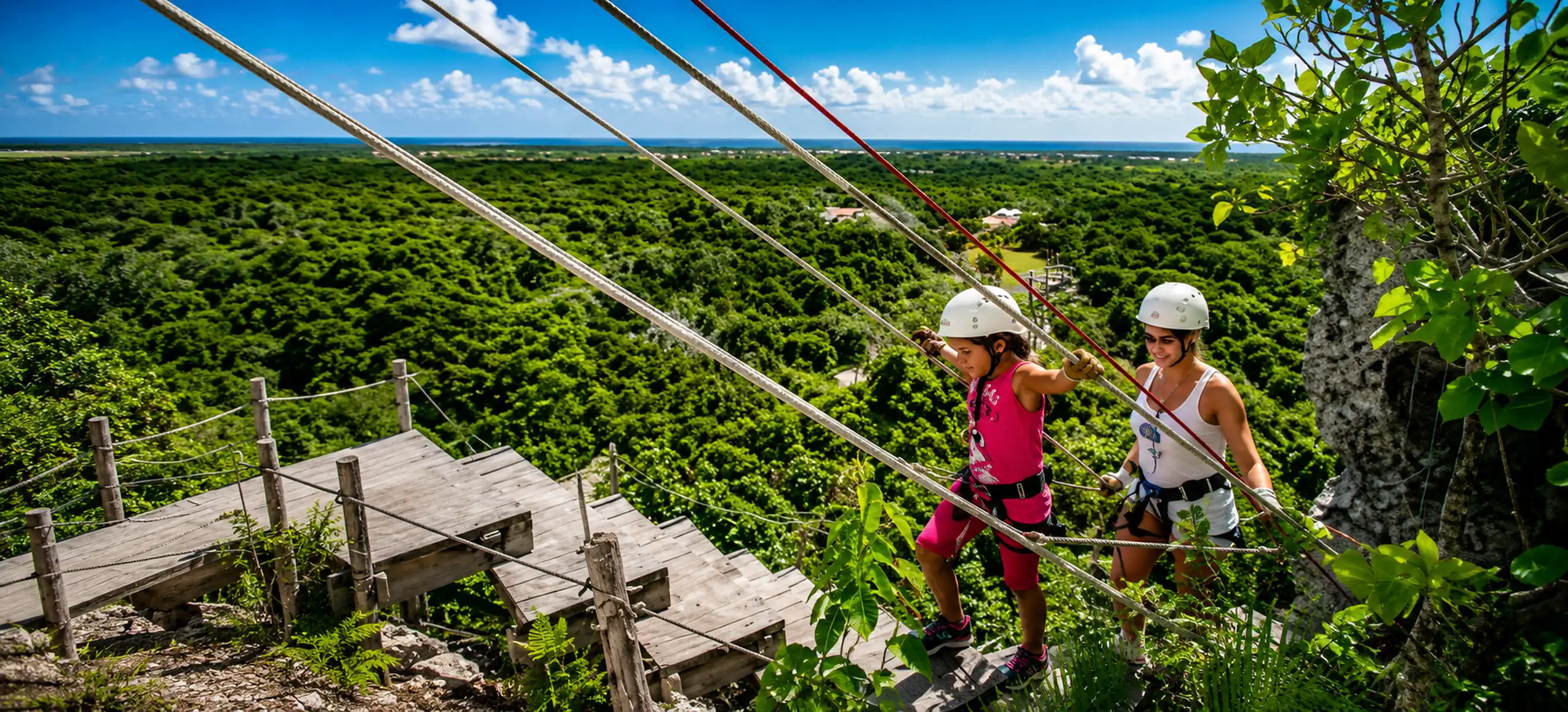 Guests crossing the Scape Park Cap Cana eco-adventure ropes course with panoramic jungle views during a zipline and nature experience in Punta Cana, Dominican Republic.