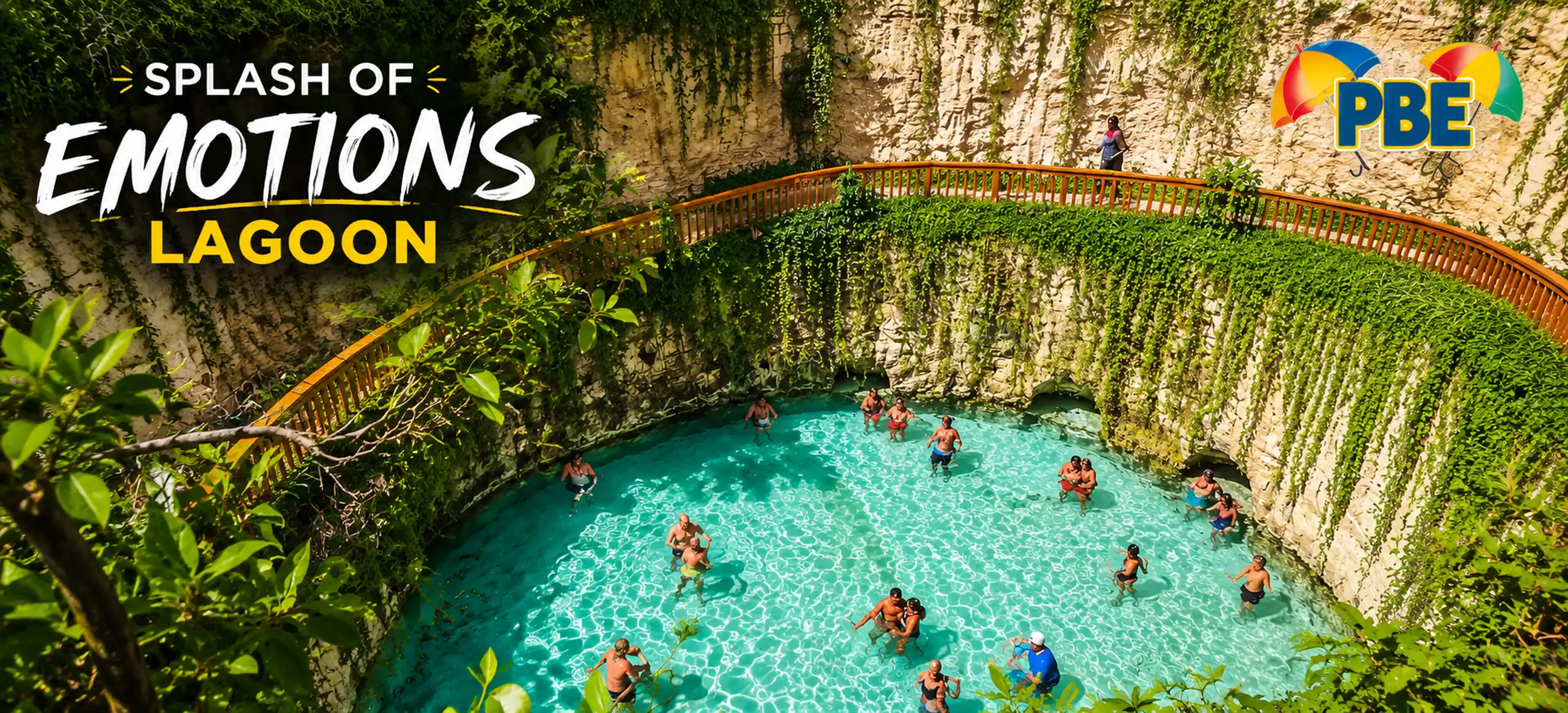 Guests relaxing and swimming in the crystal-clear Splash of Emotions Lagoon surrounded by tropical limestone cliffs at Bavaro Adventure Park in Punta Cana, Dominican Republic.
