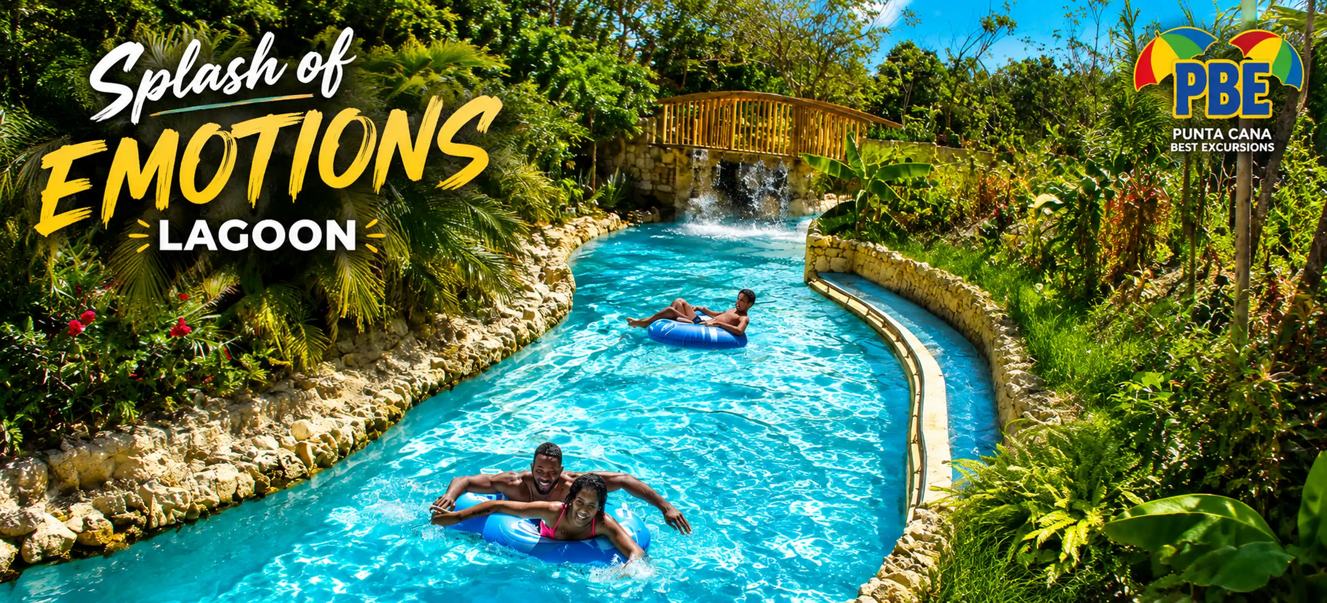 Guests relaxing on the tropical lazy river at Splash of Emotions Lagoon in Bavaro Adventure Park, Punta Cana, Dominican Republic.