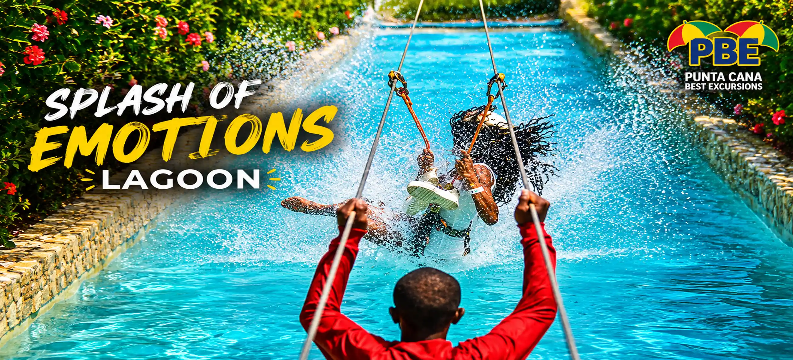 Guest making a thrilling splash on the water swing at Splash of Emotions Lagoon in Bavaro Adventure Park, Punta Cana, Dominican Republic.
