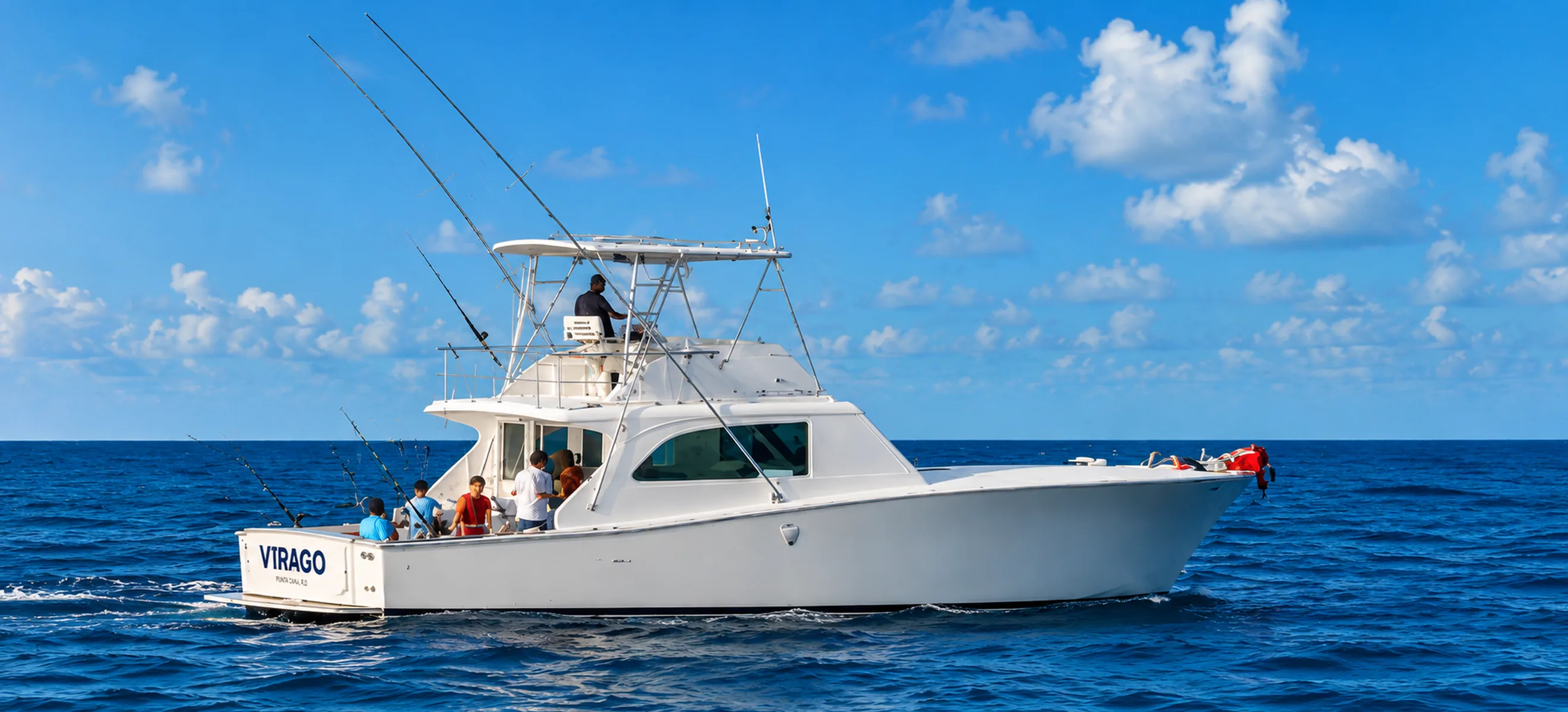 Virago luxury deep sea fishing yacht cruising in the Caribbean Sea during a sport fishing charter in Punta Cana, Dominican Republic.