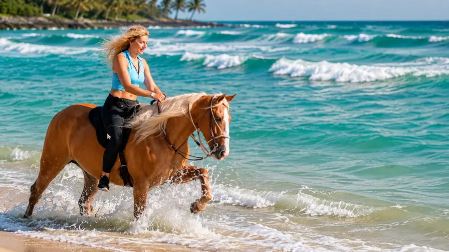 Guests enjoying a guided horseback ride on a Punta Cana beach