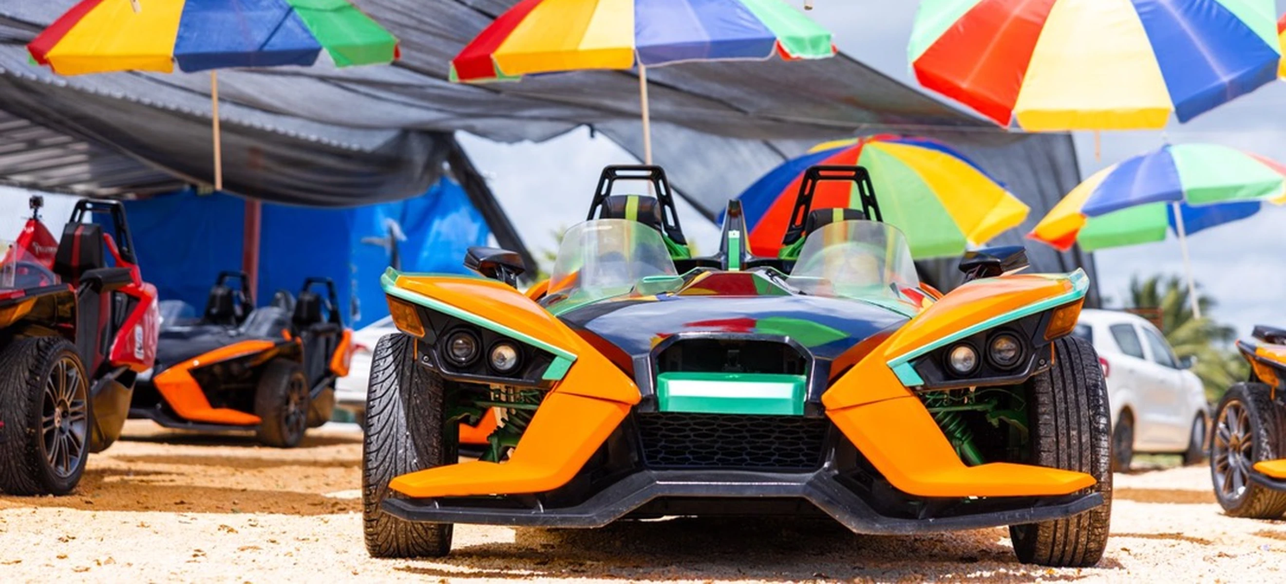 Colorful Polaris Slingshot vehicles at the Slingshot HUB in Macao, Punta Cana